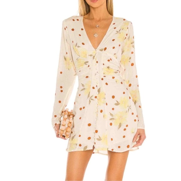 Free People Long Sleeve Mini Dress Polka Dot Button Front Cream Yellow S - Picture 1 of 14